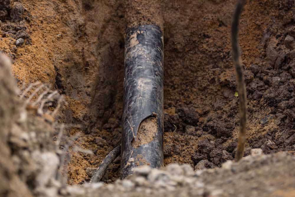 an image of a pipe bursting process or severely damaged underground pipe